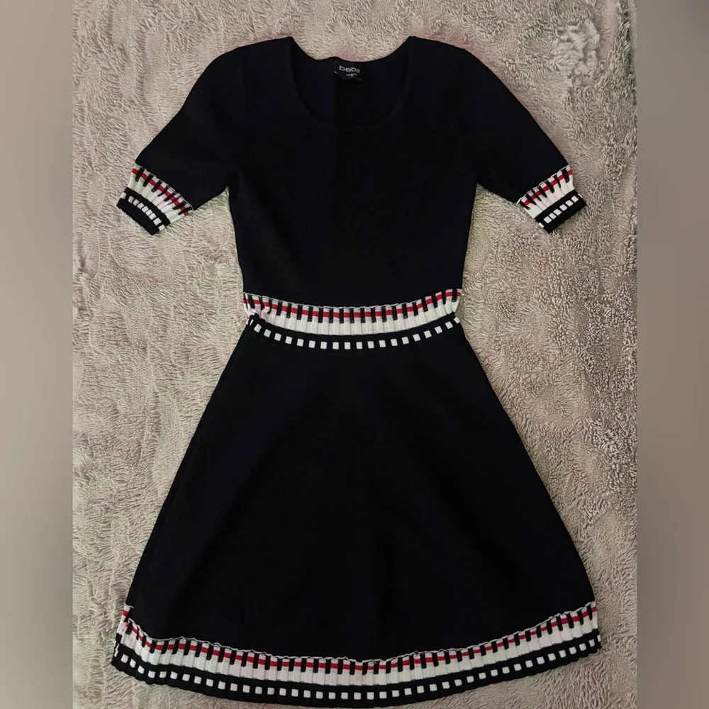 BEBE A-Line Black Mini Dress with Red & White Trim - Picture 2 of 5